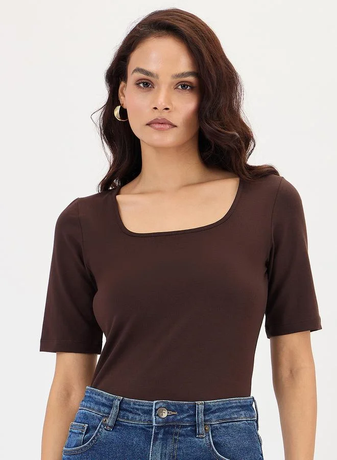 Femmella Brown Square Neck Short Sleeve Bodysuit